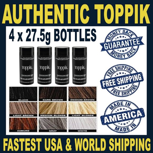 4 BOTTLES of TOPPIK 27.5g Hair Fibers, All Colors, 100% Authentic, Free Shipping - Picture 1 of 13